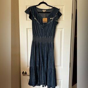 Chic Denim Midi Dress with Ruffle Details